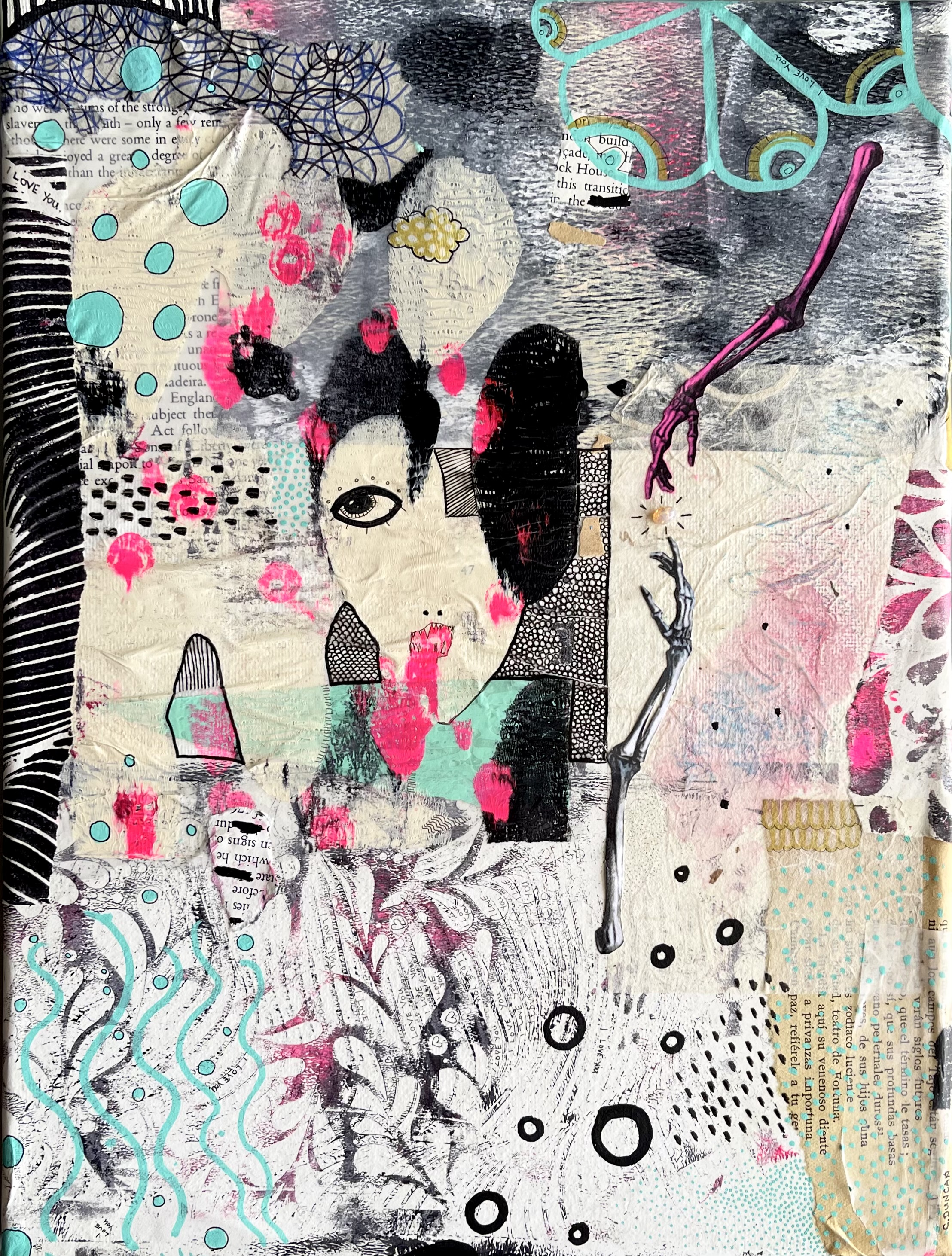 A layered Seedy’s World collage with abstract figures, eyes, hands, text, and vivid turquoise and pink details