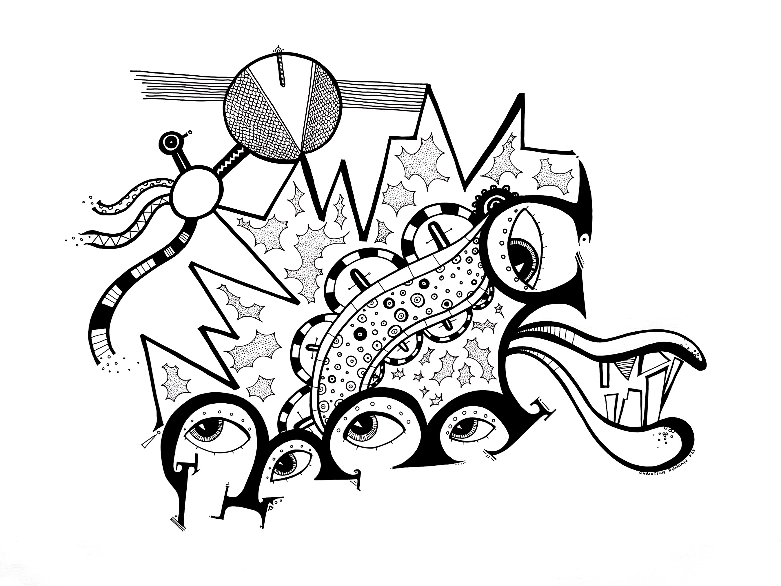 A black-and-white Seedy’s World drawing of interlocking faces, eyes, patterns, and imagined forms